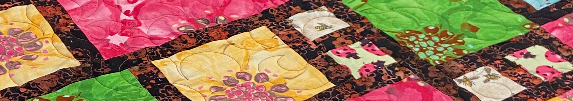 close-up photo of a quilt featuring larger squares with pink, yellow, or green flowers, smaller squares with bees or lady bugs,all boarderd by a dark brown and burnt orange floral batik print 